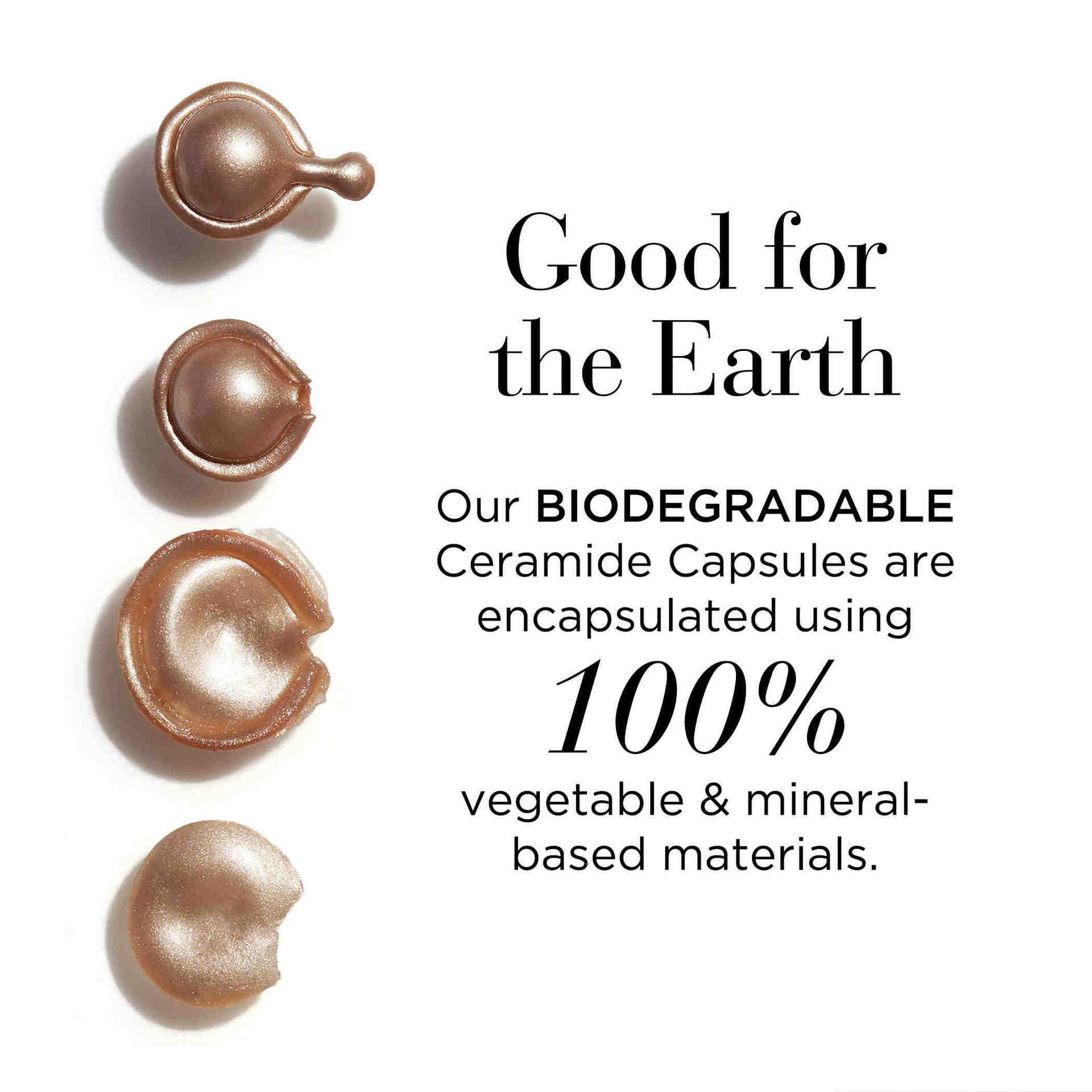 Our biodegradable ceramide capsules are encapsulated using 100% vegetable and mineral-based materials